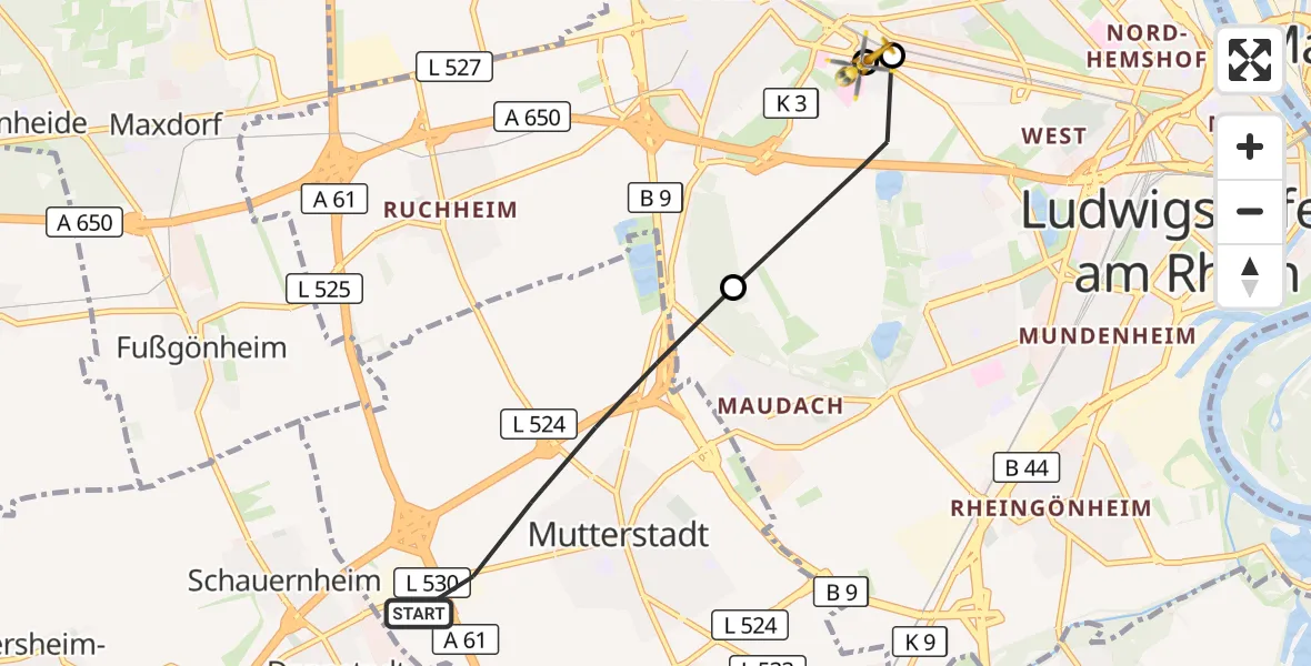 Flugroute Rettungshubschrauber Mutterstadt - Ludwigshafen Accident Hospital, 20 August 2026, 11:56