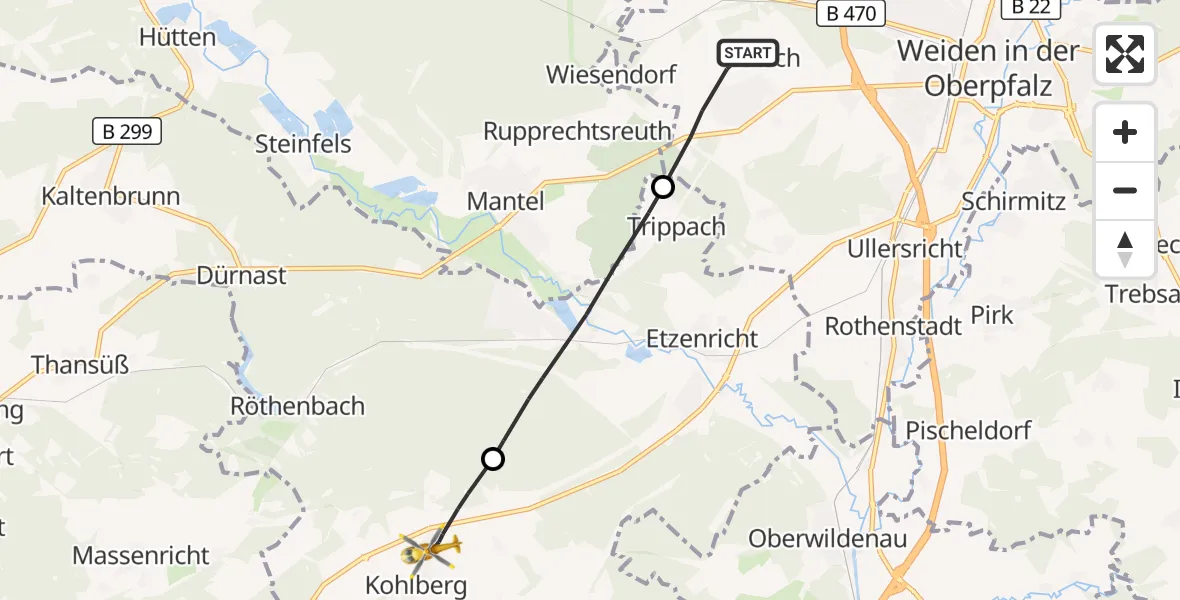 Flugroute Ambulanzhubschrauber Weiden i.d.OPf. - Kohlberg, 20 August 2026, 12:03