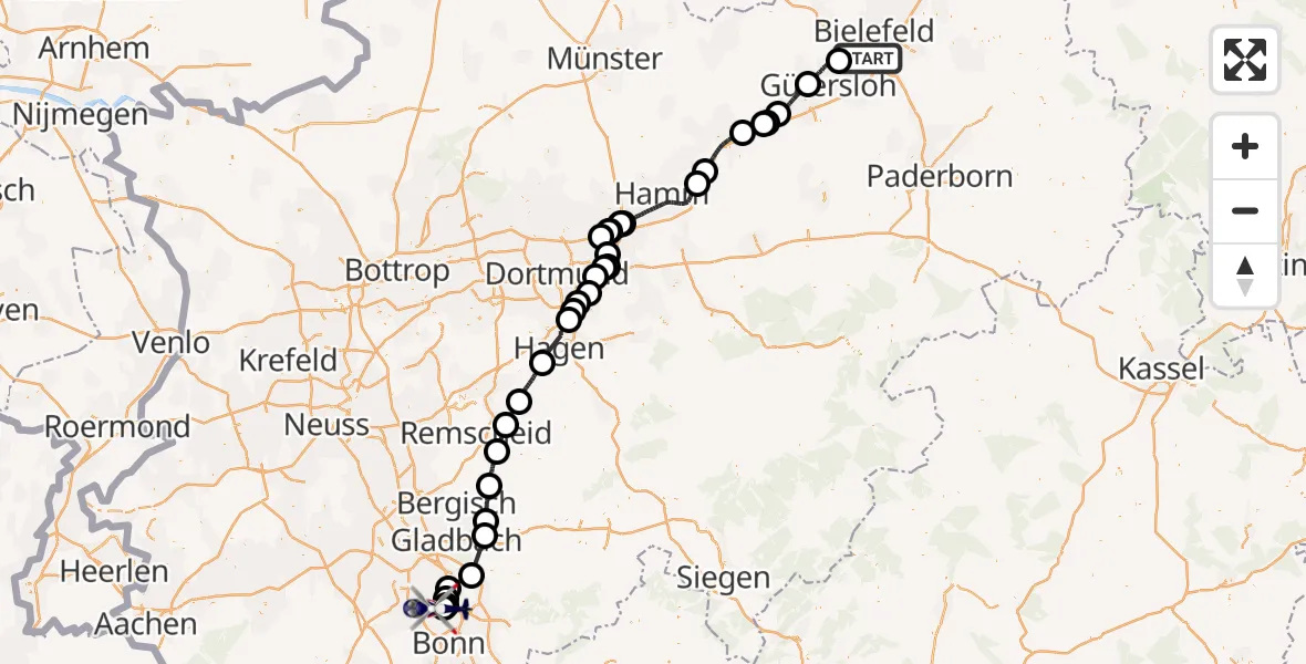 Flugroute Polizeihubschrauber Bielefeld - Niederkassel, 20 August 2026, 12:08