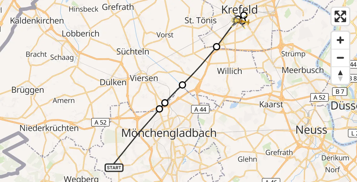 Flugroute Rettungshubschrauber Mönchengladbach - Helios Clinic Krefeld, 20 August 2026, 12:09
