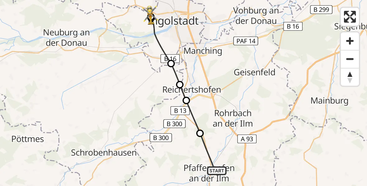 Flugroute Rettungshubschrauber Pfaffenhofen a.d.Ilm - Ingolstadt Hospital, 20 August 2026, 12:11