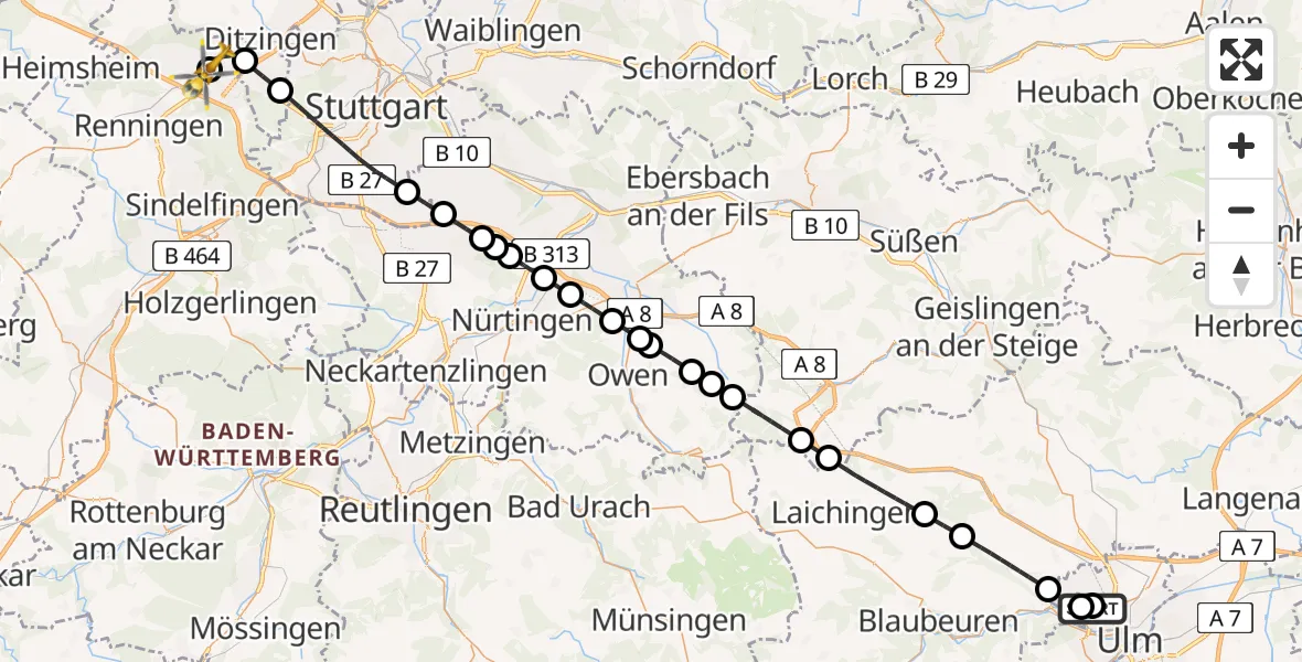 Flugroute Rettungshubschrauber Ulm Military Hospital Emergency - Leonberg Hospital, 20 August 2026, 12:16