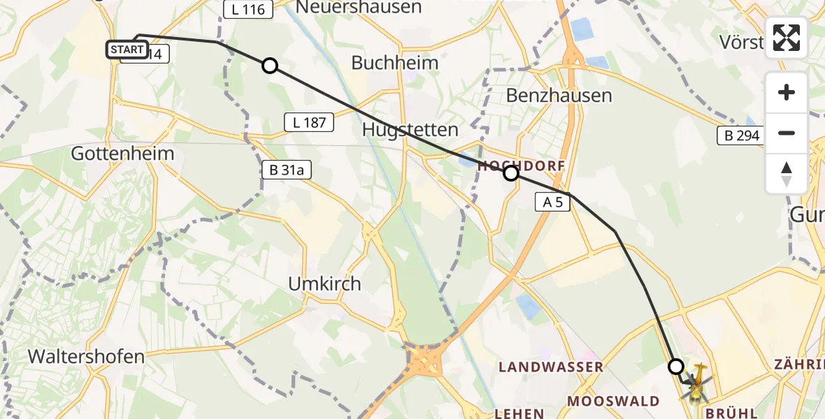 Flugroute Ambulanzhubschrauber Bötzingen - Freiburg im Breisgau Flugplatz, 20 August 2026, 12:20