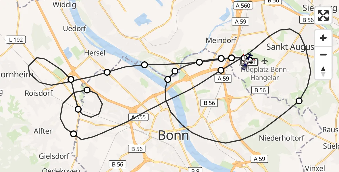 Flugroute Polizeihubschrauber Bonn-Hangelar Flugplatz - Sankt Augustin, 20 August 2026, 12:31