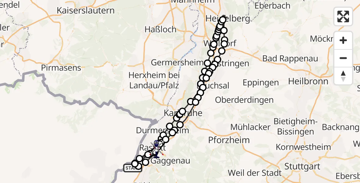Flugroute Polizeihubschrauber Karlsruhe Baden-Baden Flughafen - Rastatt, 20 August 2026, 12:34