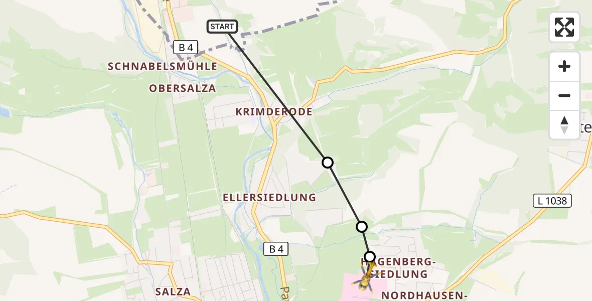 Flugroute Rettungshubschrauber Harztor - Südharz Hospital Nordhausen, 20 August 2026, 12:41