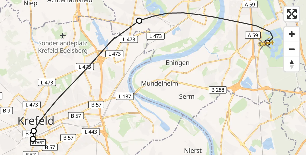 Flugroute Rettungshubschrauber Helios Clinic Krefeld - Duisburg Air Rescue Hubschrauberlandeplatz (Christoph 9), 20 August 2026, 12:42