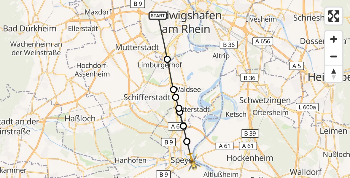 Flugroute Rettungshubschrauber Ludwigshafen am Rhein - Speyer, 20 August 2026, 12:50