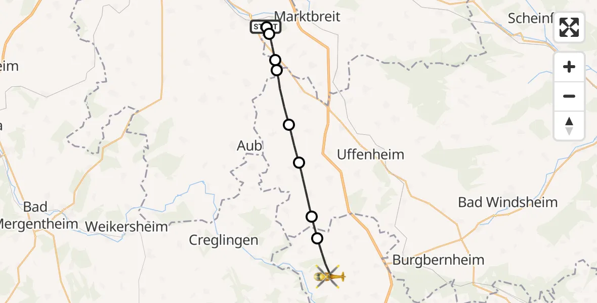 Flugroute Rettungshubschrauber Ochsenfurt Hospital - Adelshofen, 20 August 2026, 12:51