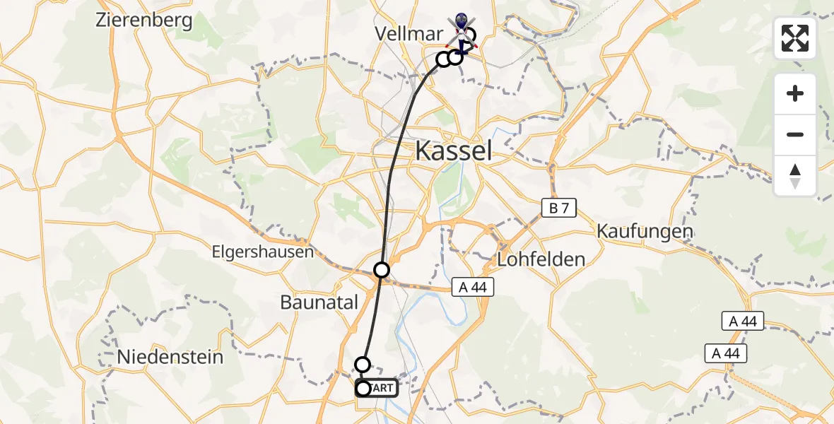 Flugroute Polizeihubschrauber Edermünde-Grifte Flugplatz - Fuldatal Bundespolizei Hubschrauberlandeplatz, 20 August 2026, 12:56