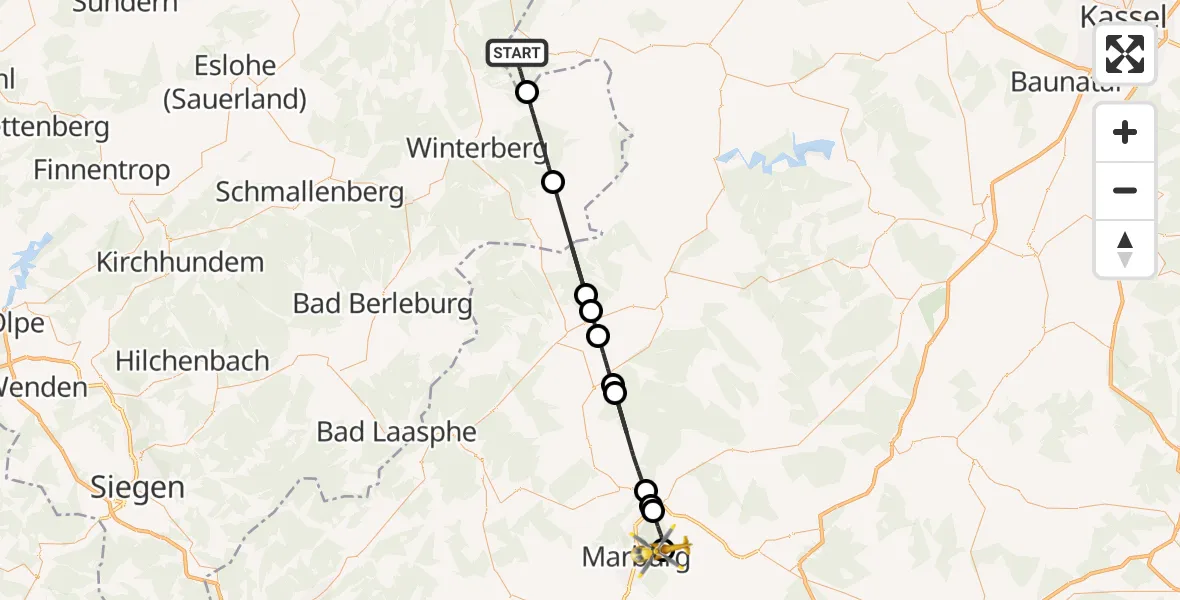 Flugroute Rettungshubschrauber Willingen (Upland) - Marburg University Hospital Rooftop, 20 August 2026, 13:00