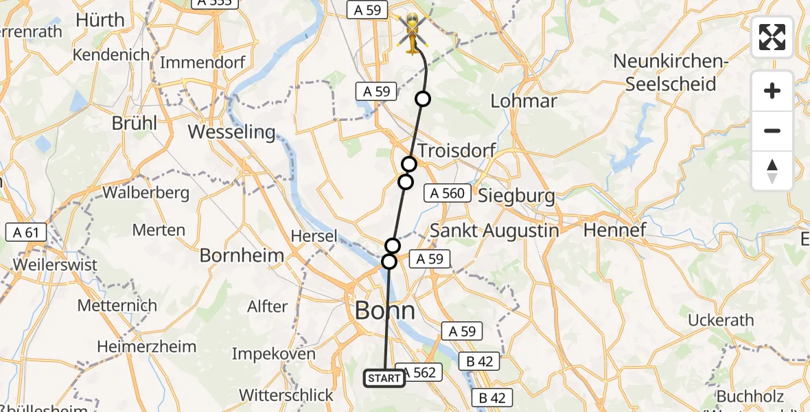 Flugroute Ambulanzhubschrauber Bonn University Hospital - Köln Bonn Flughafen, 20 August 2026, 13:03