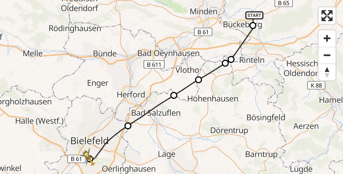 Flugroute Rettungshubschrauber Bückeburg Militärflugplatz - Luftrettungszentrum Bielefeld, 20 August 2026, 13:06