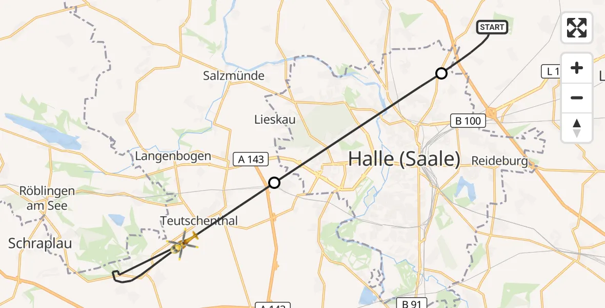 Flugroute Rettungshubschrauber Landsberg - Teutschenthal, 20 August 2026, 13:08