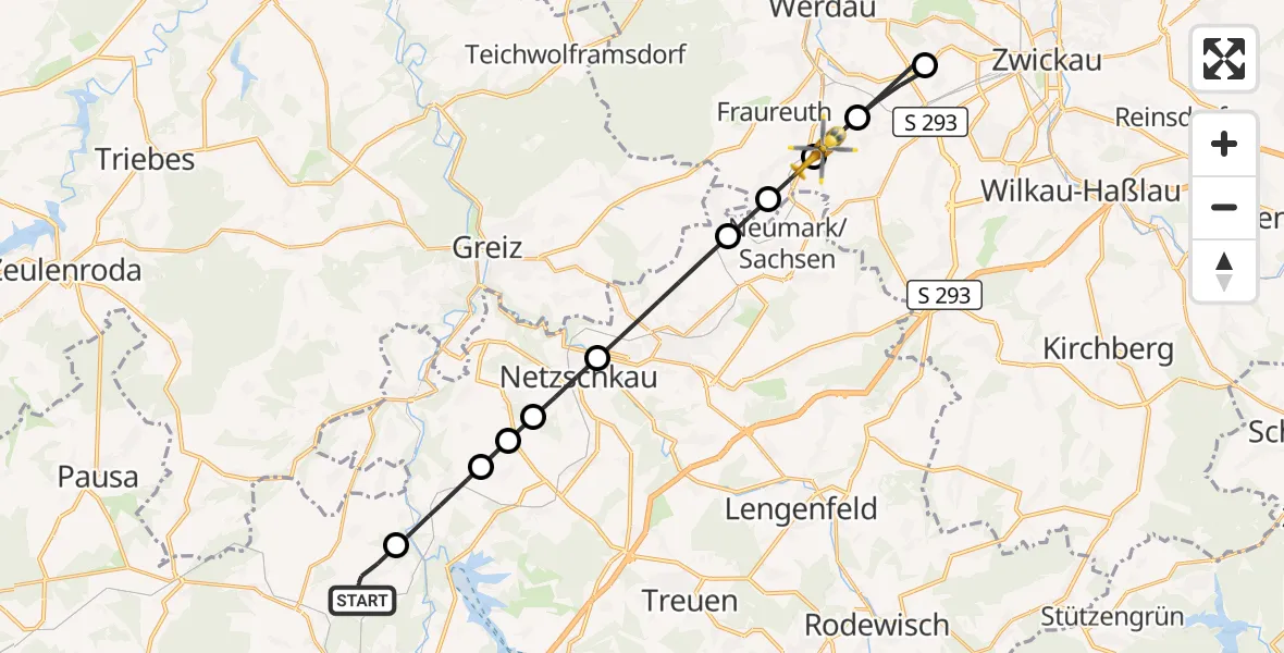 Flugroute Rettungshubschrauber Plauen - Fraureuth, 20 August 2026, 13:13
