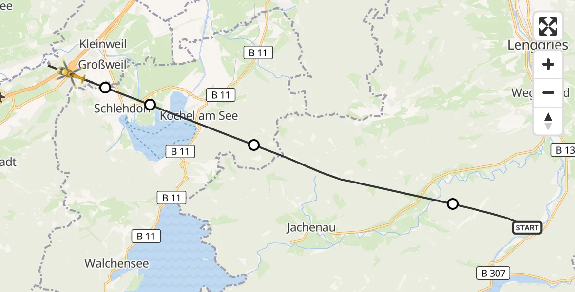 Flugroute Rettungshubschrauber Lenggries - Großweil, 20 August 2026, 13:14