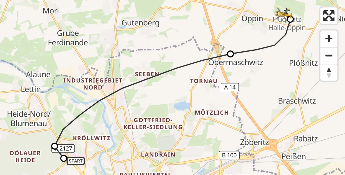 Flugroute Rettungshubschrauber Halle (Saale) University Hospital - Halle-Oppin Flugplatz, 20 August 2026, 13:14