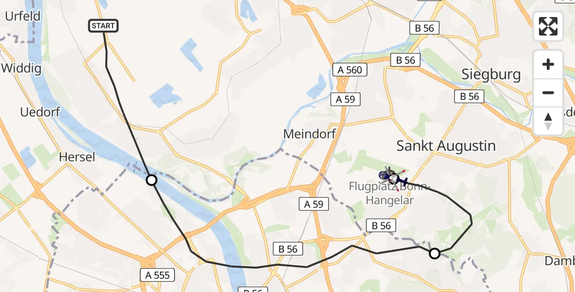 Flugroute Polizeihubschrauber Niederkassel - Bonn-Hangelar Flugplatz, 20 August 2026, 13:23