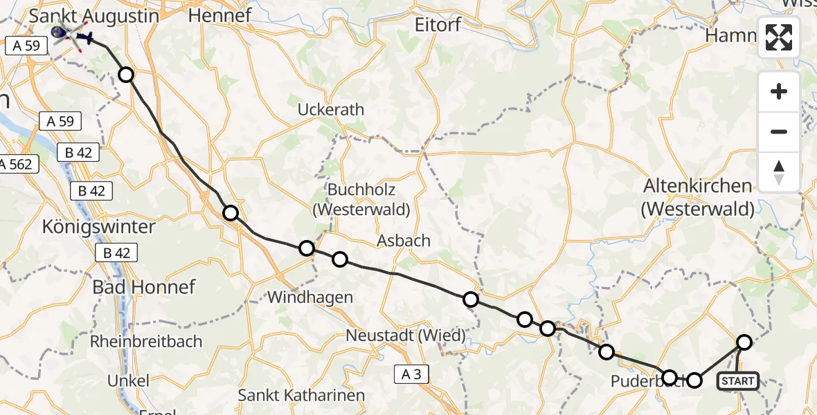 Flugroute Polizeihubschrauber Roßbach - Sankt Augustin, 20 August 2026, 13:25