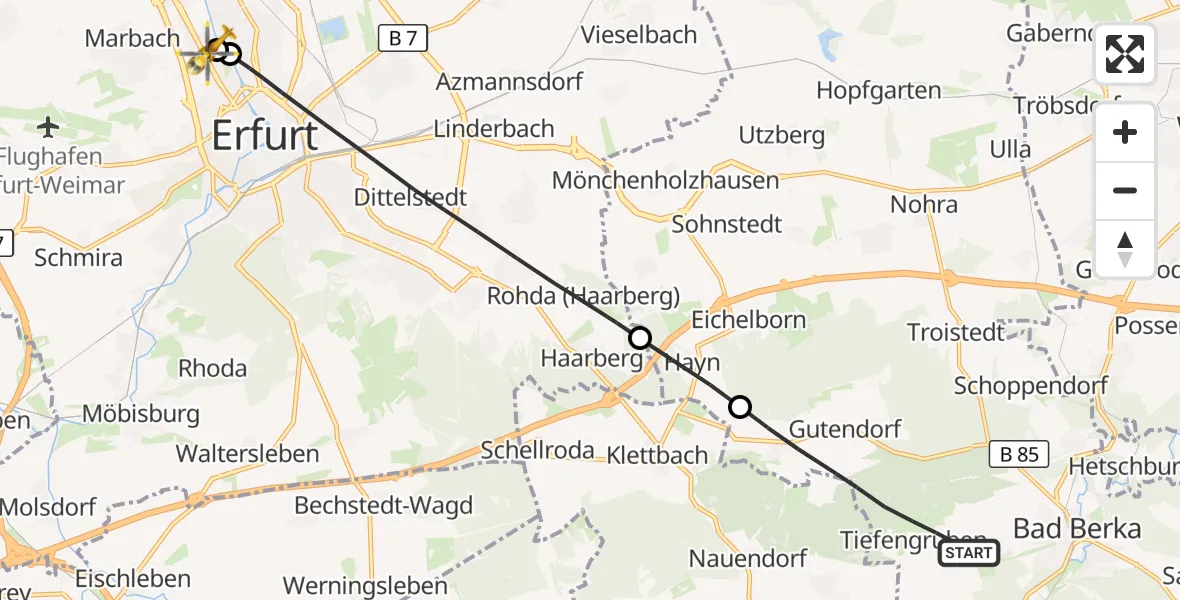 Flugroute Ambulanzhubschrauber Bad Berka - Helios Clinic Erfurt, 20 August 2026, 13:26