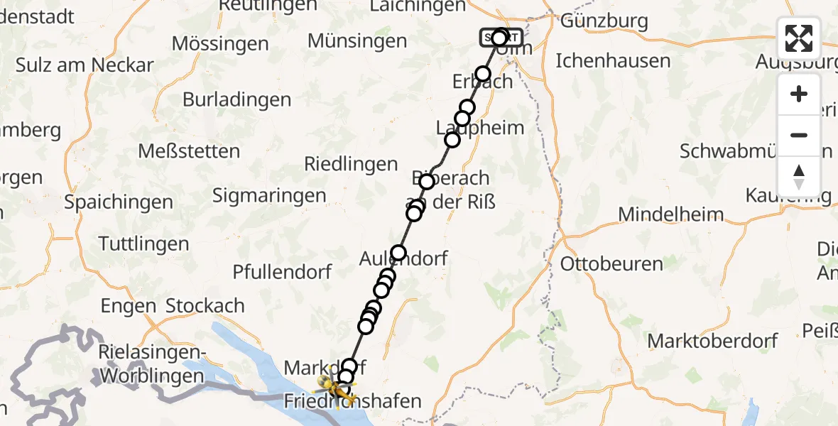 Flugroute Rettungshubschrauber Ulm Military Hospital Emergency - Friedrichshafen Hospital, 20 August 2026, 13:27