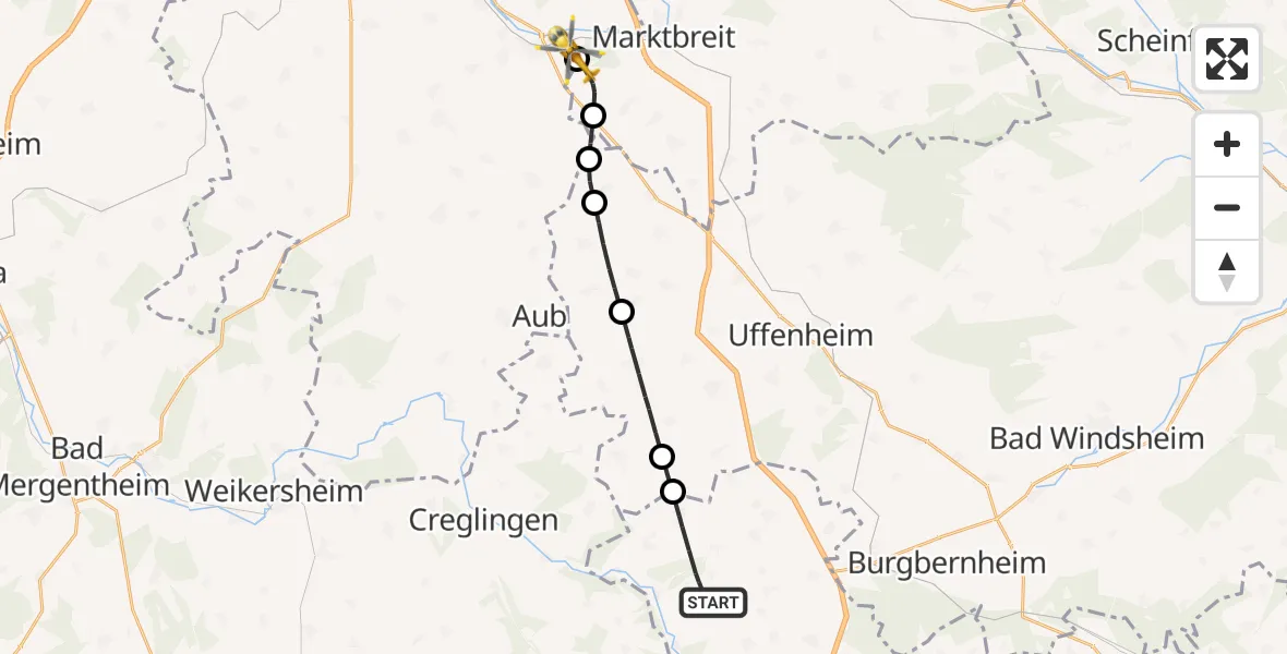 Flugroute Rettungshubschrauber Adelshofen - Ochsenfurt Hospital, 20 August 2026, 13:33