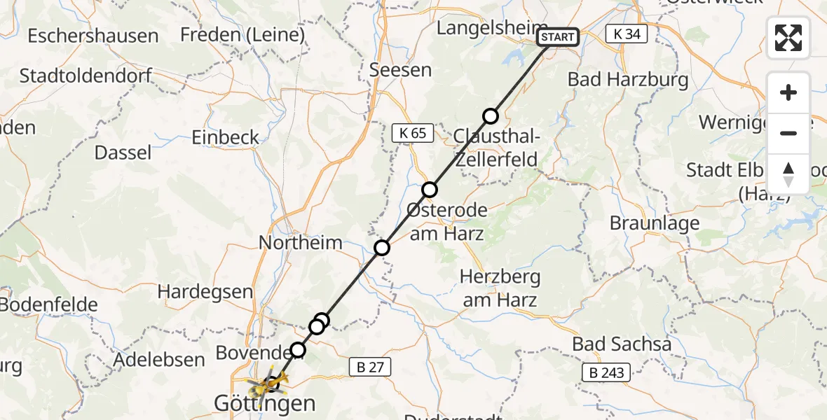 Flugroute Rettungshubschrauber Goslar - Göttingen University Clinic Hubschrauberlandeplatz, 20 August 2026, 13:44