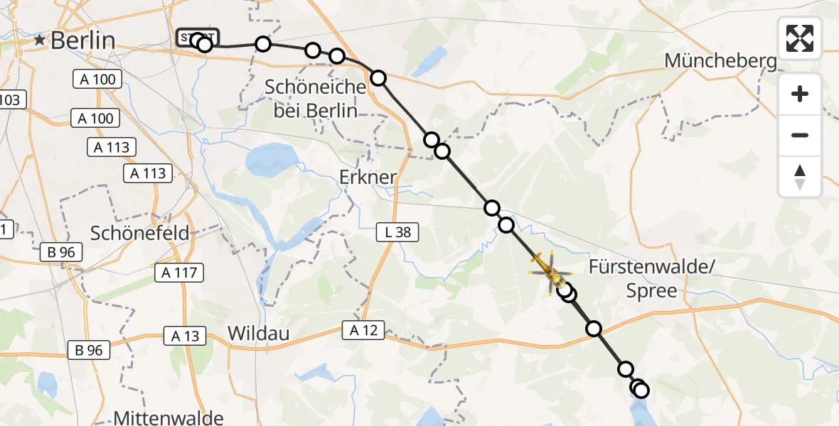 Flugroute Rettungshubschrauber Berlin Emergency Hospital - Spreenhagen, 20 August 2026, 13:52