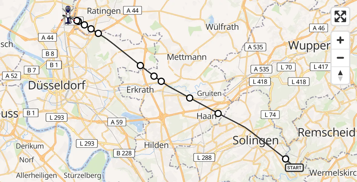 Flugroute Polizeihubschrauber Remscheid - Düsseldorf Flughafen, 20 August 2026, 13:53