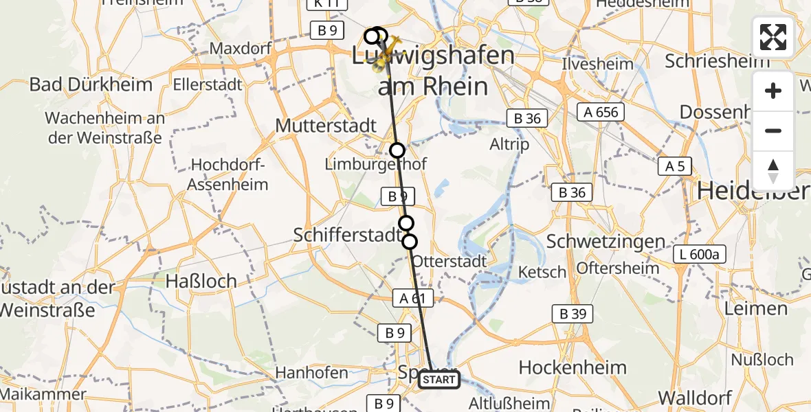 Flugroute Rettungshubschrauber Speyer - Ludwigshafen am Rhein, 20 August 2026, 14:04