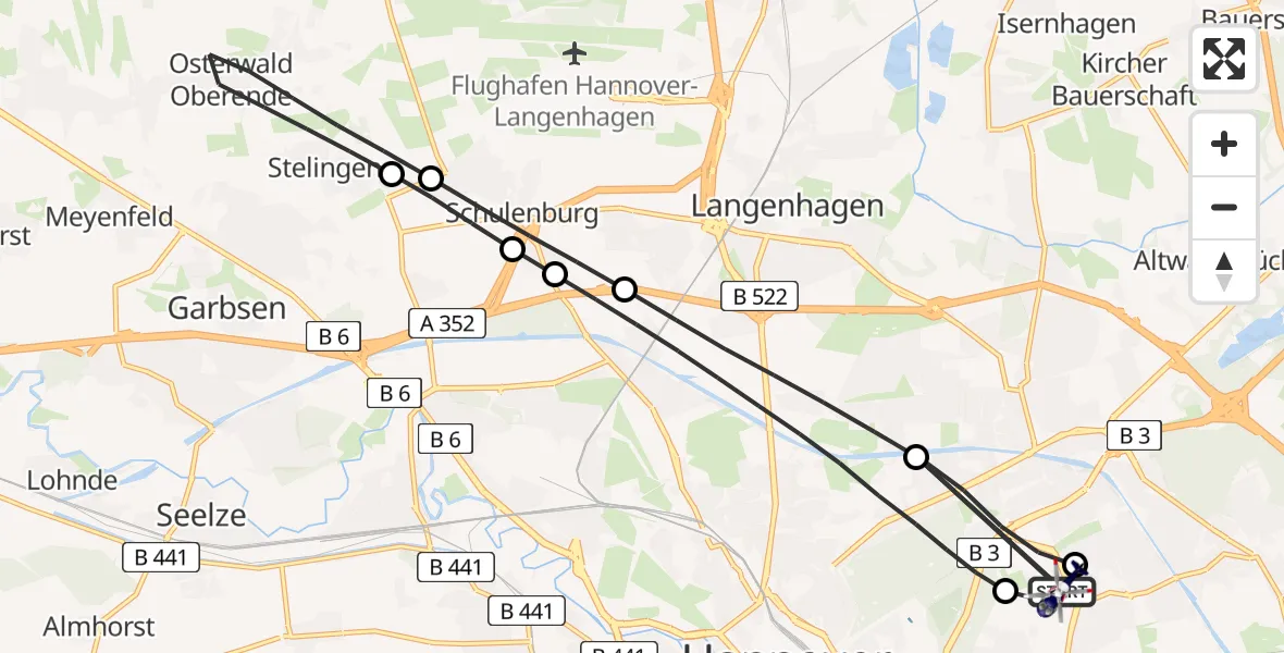 Flugroute Polizeihubschrauber Hannover Luftrettung Hubschrauberlandeplatz (Christoph 4) - Hannover Luftrettung Hubschrauberlandeplatz (Christoph 4), 20 August 2026, 14:18