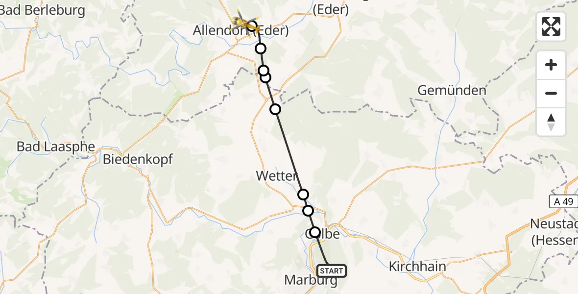 Flugroute Rettungshubschrauber Marburg - Allendorf-Eder Flugplatz, 20 August 2026, 14:23