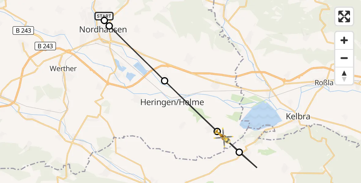 Flugroute Rettungshubschrauber Südharz Hospital Nordhausen - Heringen/Helme, 20 August 2026, 14:27
