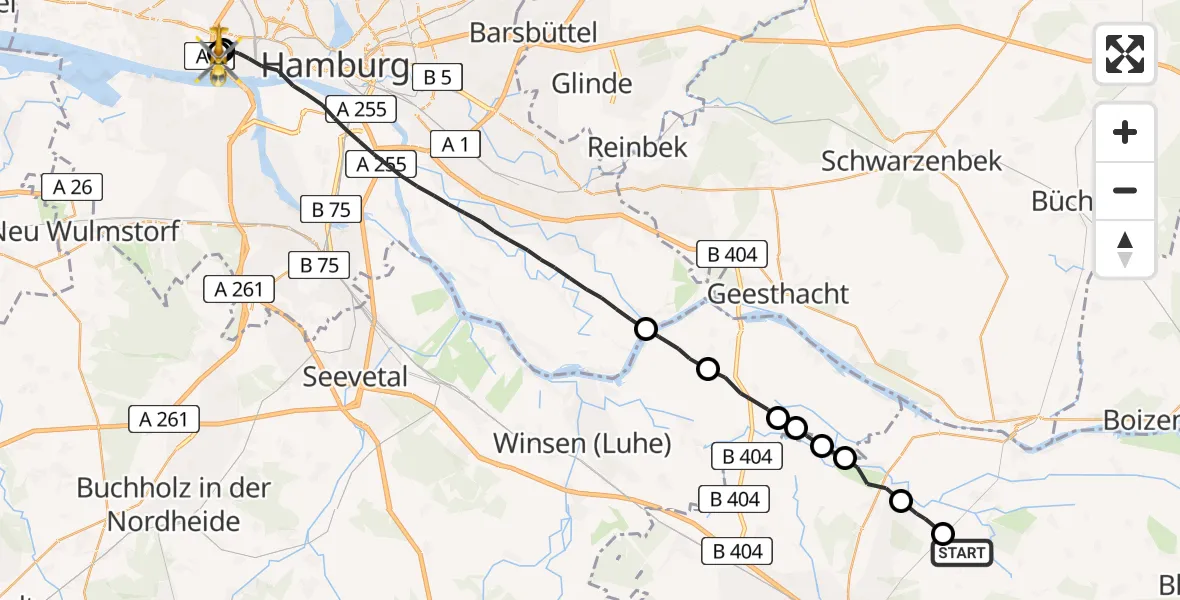 Flugroute Rettungshubschrauber Rullstorf - Asklepios Hospital Altona, 20 August 2026, 14:28