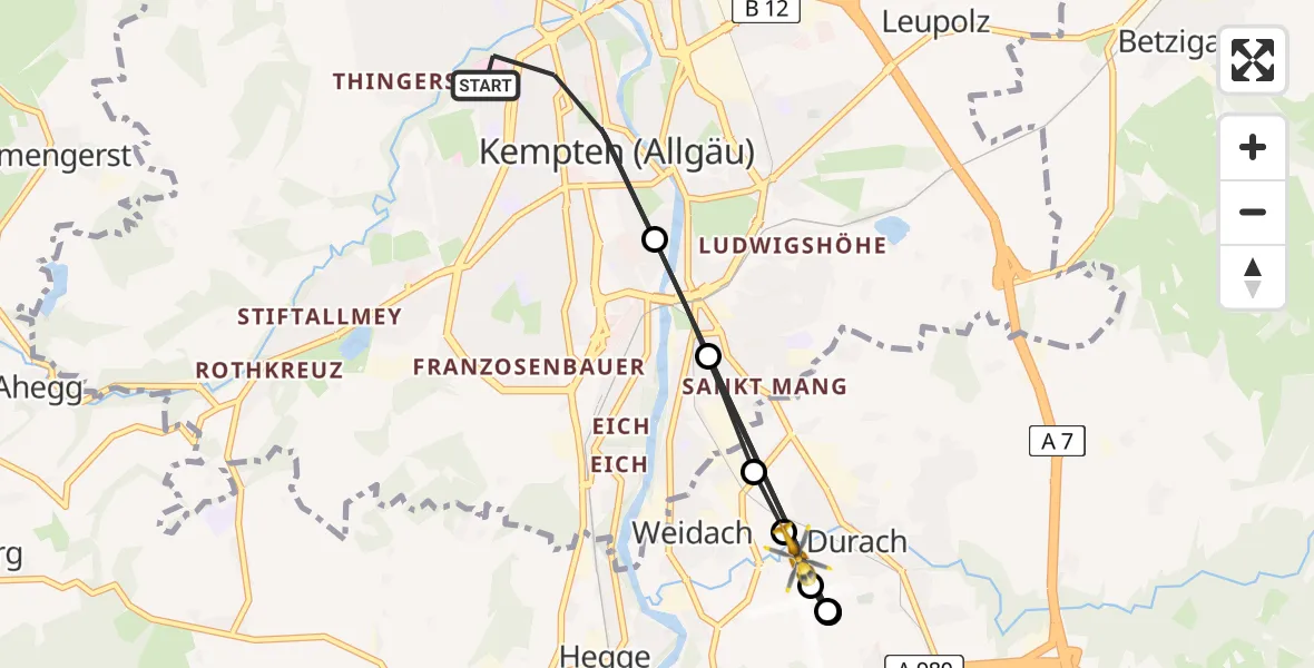 Flugroute Rettungshubschrauber Kempten (Allgäu) - Kempten-Durach Flugplatz, 20 August 2026, 14:33