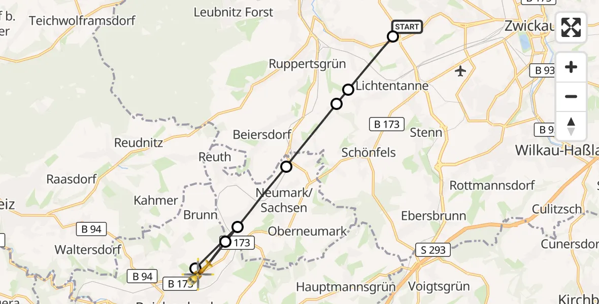Flugroute Rettungshubschrauber ADAC Air Rescue Station Zwickau Hubschrauberlandeplatz - Reichenbach im Vogtland, 20 August 2026, 14:34