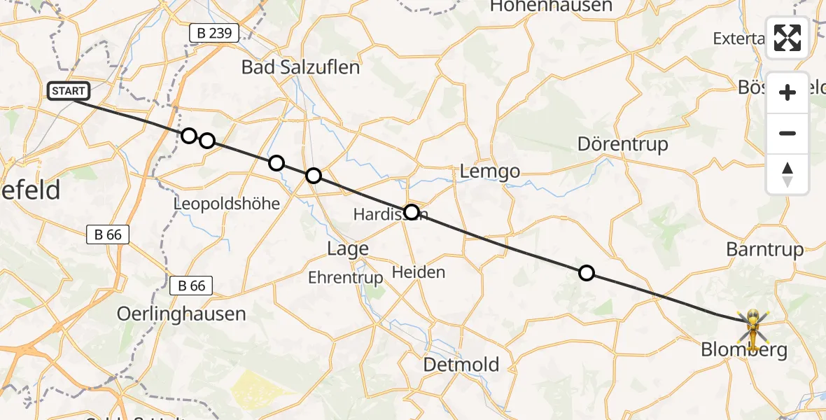 Flugroute Rettungshubschrauber Bielefeld - Blomberg, 20 August 2026, 14:35