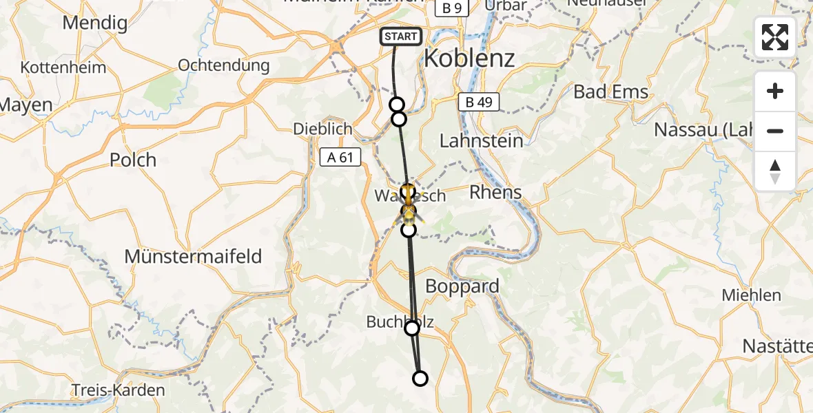 Flugroute Rettungshubschrauber Koblenz - Waldesch, 20 August 2026, 14:38