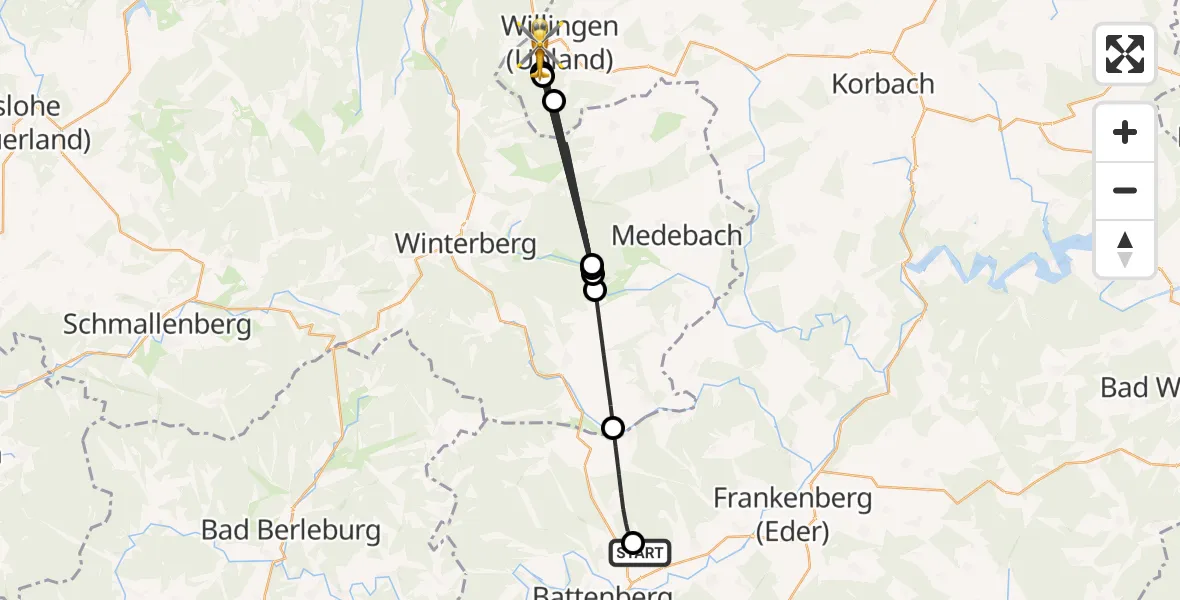 Flugroute Rettungshubschrauber Allendorf-Eder Flugplatz - Willingen (Upland), 20 August 2026, 14:45