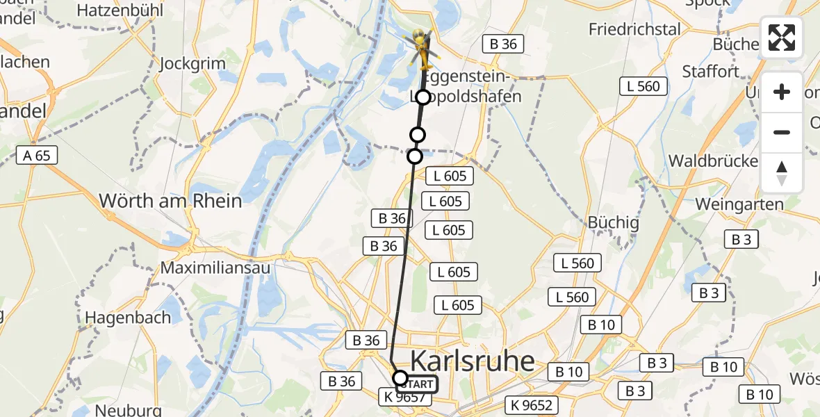 Flugroute Ambulanzhubschrauber Sankt Vincentius Hospital - Eggenstein-Leopoldshafen, 20 August 2026, 14:46