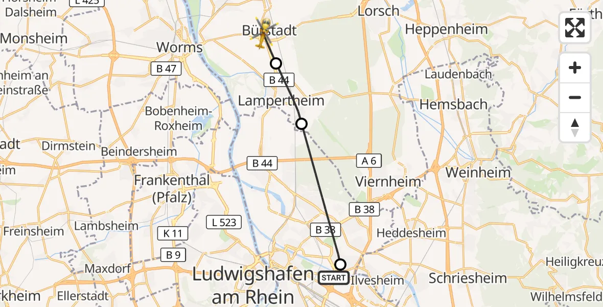 Flugroute Rettungshubschrauber Mannheim-City Flughafen - Bürstadt, 20 August 2026, 14:53