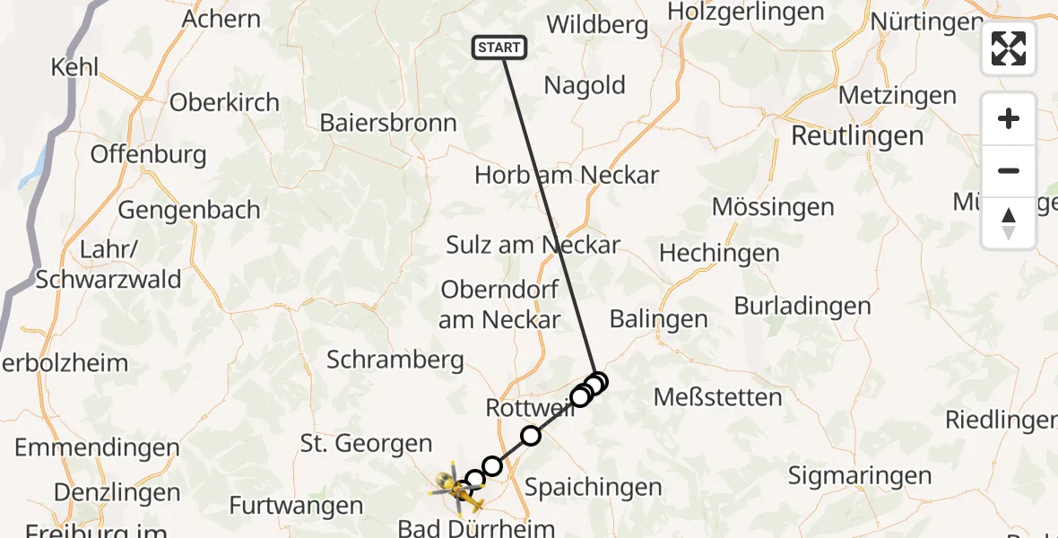 Flugroute Ambulanzhubschrauber Altensteig - DRF Air Rescue Station Villingen-Schwenningen Hubschrauberlandeplatz (Christoph 11), 20 August 2026, 15:01