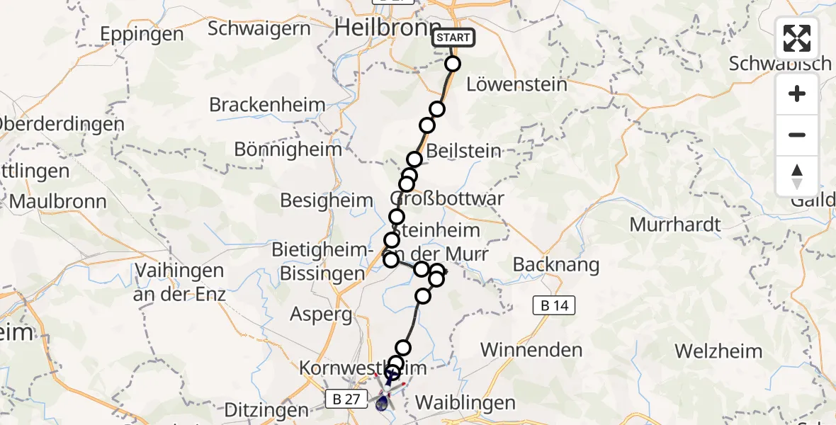 Flugroute Polizeihubschrauber Weinsberg - Stuttgart, 20 August 2026, 15:12