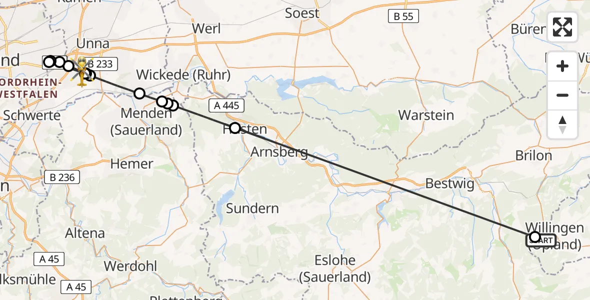 Flugroute Rettungshubschrauber Willingen (Upland) - Unna, 20 August 2026, 15:27