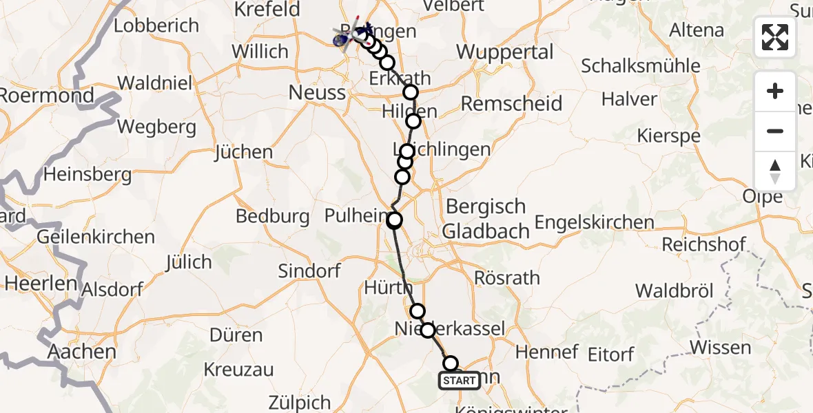 Flugroute Polizeihubschrauber Bonn - Düsseldorf Flughafen, 20 August 2026, 15:41