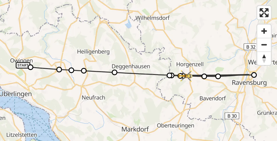 Flugroute Rettungshubschrauber Owingen - Horgenzell, 20 August 2026, 15:44