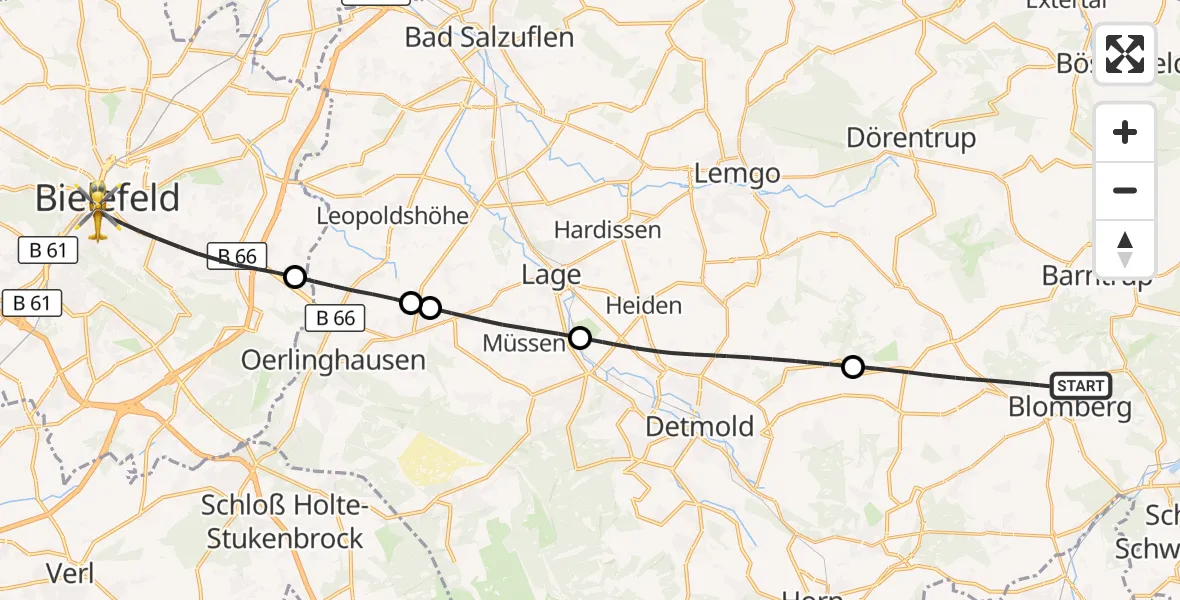 Flugroute Rettungshubschrauber Blomberg - Bielefeld, 20 August 2026, 15:46