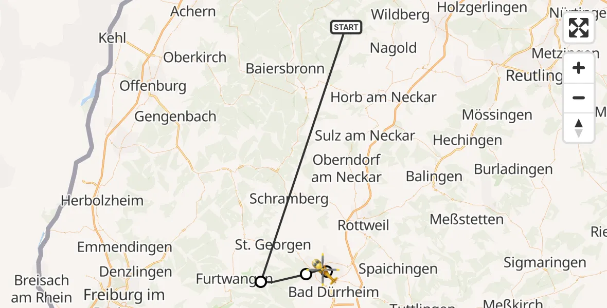 Flugroute Ambulanzhubschrauber Altensteig - DRF Air Rescue Station Villingen-Schwenningen Hubschrauberlandeplatz (Christoph 11), 20 August 2026, 15:51