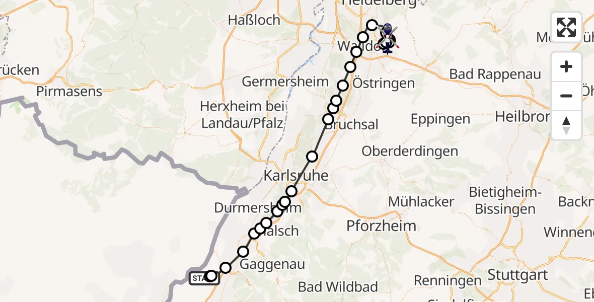 Flugroute Polizeihubschrauber Karlsruhe Baden-Baden Flughafen - Nußloch, 20 August 2026, 15:59