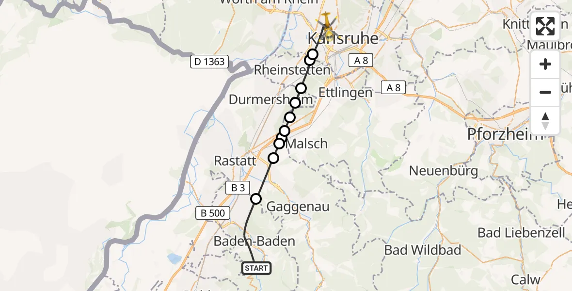 Flugroute Ambulanzhubschrauber Baden-Baden - Karlsruhe, 20 August 2026, 16:02